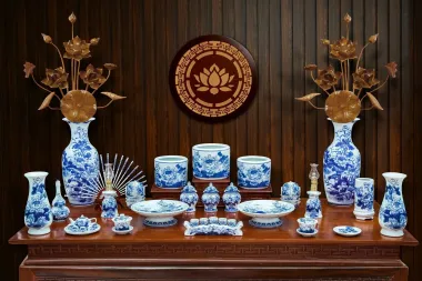 Bộ Đồ Thờ Bát Tràng gia tiên gốm sứ Bát Tràng hoa sen men lam kĩ 24 vật phẩm